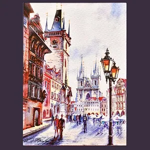 Авторская Коллекционная Картина - Рисунок «Старый Город - Прага», Чехия конец ХХ века.