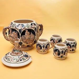 Крюшонница - Горшок для Глинтвейна «Старинные Замки» + 4-е Кружки Фаянс Германия