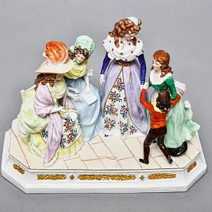 Антикварная Статуэтка «Неожиданное Угощение», Фарфор, Dressel & Kister Passau Германия, 1907 - 1922 гг. 