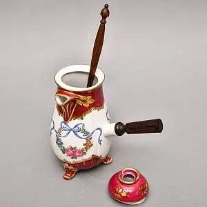 Фарфоровый Кувшин - Чайник для подачи горячего шоколада «Синие ленты» с лопаткой, Pillivuyt Франция.