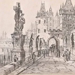 Антикварная Авторская Картина - Рисунок «Королевский Мост», Прага Чехия начало ХХ века.