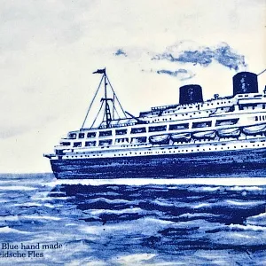 Фарфоровое Панно - Картина «Корабль Willem Ruys», De Leidsche Fles, Голландия середина ХХ века.