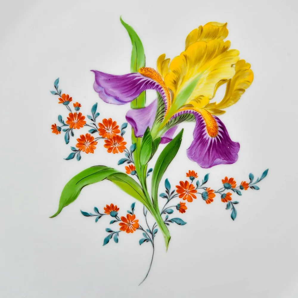 Антикварное Блюдо - Тарелка «ИРИС и ВИНОГРАДНЫЕ ЛИСТЬЯ», Фарфор MEISSEN Германия.