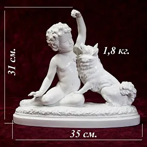 Большая Антикварная Авторская Статуэтка «Мальчик с собакой», Фарфор Villenauxe, Франция -30 гг.