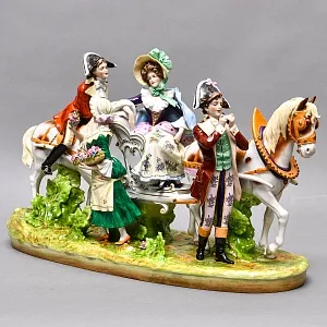 Большая Фарфоровая статуэтка «Дама в паланкине и Цветочница», Scheibe-Alsbach Германия, середина ХХ века.