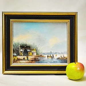 Картина - Пейзаж «Зима - Лёд на реке», Доска, масло, Голландия середина ХХ века.