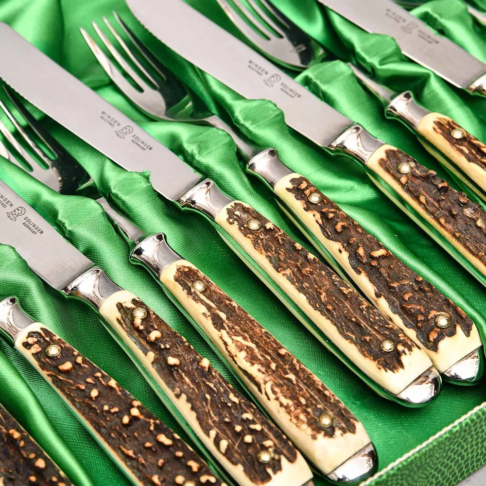 Редкость! Большой Сервировочный Набор для стейка «Охота», Германия, ANTON WINGEN Solingen, 50 -е гг.