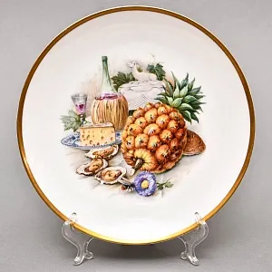 Десертный Набор из 4-х Фарфоровых Тарелок «Изысканные угощения и попугай» Fraureuth Германия, 1910 - 1926 гг.