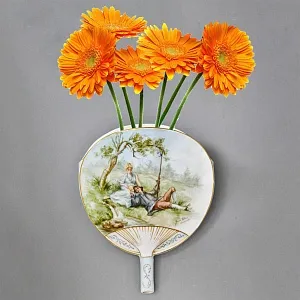 Антикварное Фарфоровое Настенное Кашпо - Ваза «Веер», роспись, Limoges Франция -1891 год.