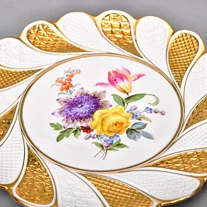 Антикварное Фарфоровое Блюдо - Тарелка «Букет с желтой розой», MEISSEN Германия, начало ХХ века.