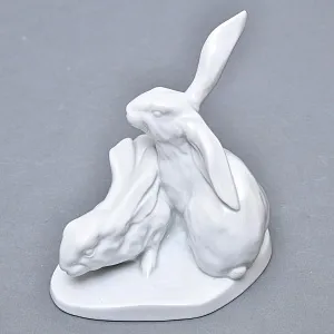 Коллекционная Фарфоровая статуэтка «Два Зайца», HEREND Венгрия, середина ХХ века. 