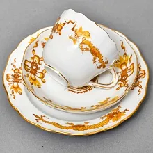 Классическая Кофейная пара и Десертная тарелка «Золотой Дракон», Фарфор MEISSEN, Германия. 