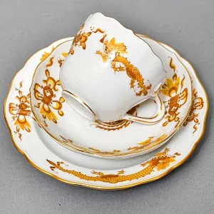 Классическая Кофейная пара и Десертная тарелка «Золотой Дракон», Фарфор MEISSEN, Германия. 