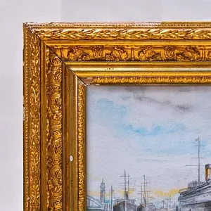 Картина - Акварель «Морской Порт» Картон, Деревянный Багет. Голландия - 50 гг.