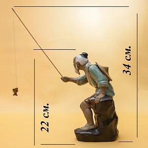 Коллекционная Авторская статуэтка «Рыбак - Китаец с рыбой», Обливная керамика, Китай - 50 гг. 