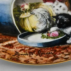 Коллекционная Фарфоровая тарелка «Кошка - котята - Игра со шляпной коробкой», W.J.GEORGE США - 1990 год.