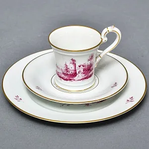 Фарфоровая Кофейная пара + тарелка «Пейзаж с башней», Hochst Германия, середина XX века. 