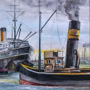 Картина - Акварель «Морской Порт» Картон, Деревянный Багет. Голландия - 50 гг.