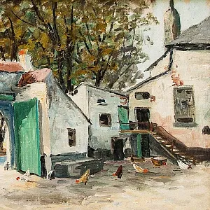 Картина «Пейзаж - На Дворе». Maх De Teige, Бельгия, вторая половина ХХ века.