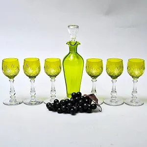 Антикварный Набор Хрустальный Графин и  6 -ть Бокалов для Вина, Val Saint Lambert, Бельгия 30 -е годы ХХ века. 