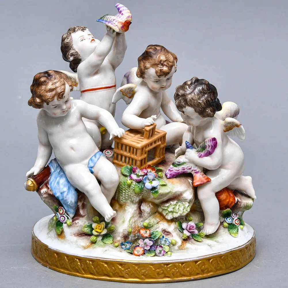 Редкость! Антикварная Фарфоровая Статуэтка «Путти, выпускающие птиц», Carl Thieme Германия.
