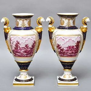 Коллекционные Парные Фарфоровые Вазы в стиле Ампир, Giulia Mangani Италия, середина ХХ века. 