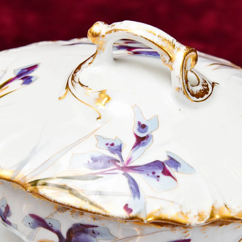 Редкость! Соусник - Судок с крышкой и ложкой "Цветы Ирисы" , Limoges Франция, середина ХХ века.