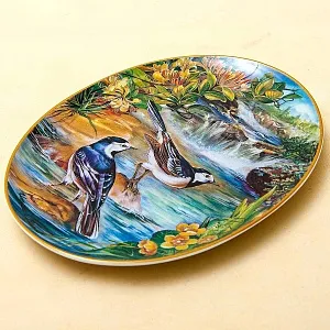 Коллекционная Тарелка - Блюдо «Птицы - Трясогузки у водопада» Фарфор, Reichenbach Германия.