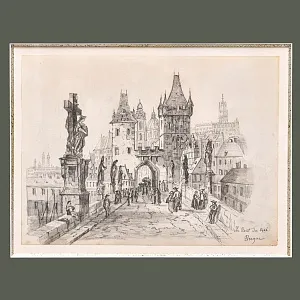 Антикварная Авторская Картина - Рисунок «Королевский Мост», Прага Чехия начало ХХ века.