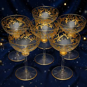 Хрустальные Фужеры для Шампанского - Креманки серия «Золотой Фазан», JOSEPHINENHUTTE, Германия -50 гг. 
