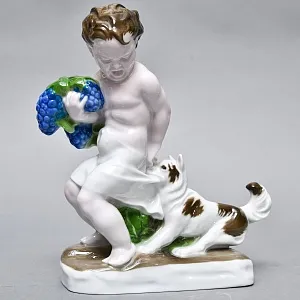 Редкая! Фарфоровая статуэтка «Мальчик с виноградом и собака», ROSENTHAL Германия, первая половина ХХ века. 