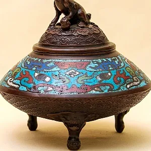 Редкость! Антикварная Шкатулка «Собака ФУ» в стиле «Шамплеве», Металл, Эмаль, Япония 20 гг.