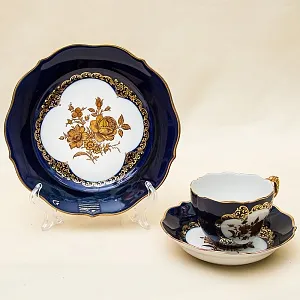 Чайная Пара + Тарелка (Тройка) «Золотой Букет», Фарфор LINDNER Kups Bavaria Германия.