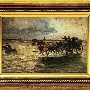 Картина - Пейзаж - Миниатюра «Водная переправа - Брод», Доска, Масло, Германия 80 -е ХХ века. 