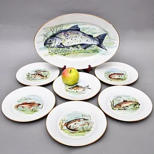 Столовый «Рыбный» Сервиз на 6 персон, Фарфор Limoges / Лимож Франция, конец ХХ века.
