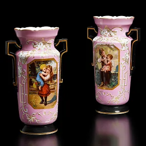 Редкость! Антикварные Парные Фарфоровые Вазы «Мгновения детства», Франция, конец XIX века. 