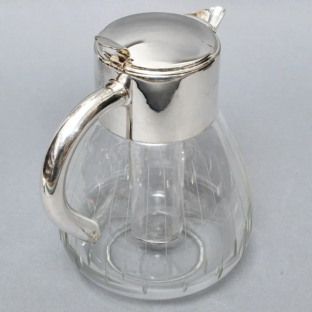 Винтажный Стеклянный Кувшин - Графин на 3 литра с Колбой для льда, Silverplated Германия. 