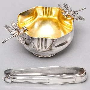 Винтажная Металлическая сахарница с щипчиками «СТРЕКОЗЫ», Англия - середина ХХ века. 