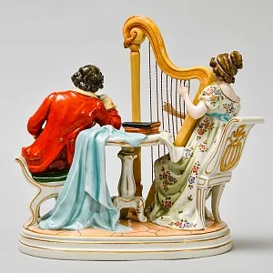 Антикварная Статуэтка «Арфистка и Кавалер - Репетиция», фарфор Scheibe - Alsbach, Германия.