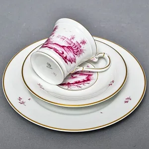 Фарфоровая Кофейная пара + тарелка «Пейзаж у реки», Hochst Германия, середина XX века.