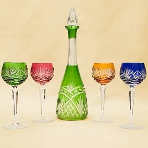 Набор для Вина Графин и 4-е Бокала серия «Portofino» Цветной Хрусталь, Annahütte Германия, 50 -е годы.