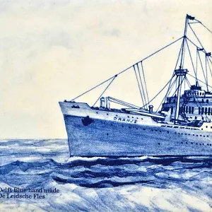 Фарфоровое Панно - Картина «Корабль ORANJE», De Leidsche Fles, Голландия середина ХХ века.