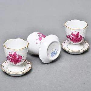 Набор для завтрака - три Пашотницы и Солонка «APPONYI PURPUR», Фарфор HEREND Венгрия. 