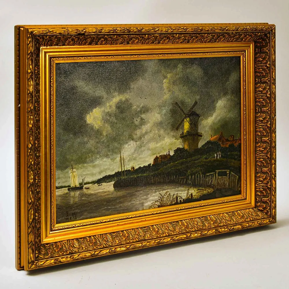 Картина - Пейзаж «Река Маас. Пейзаж с мельницей», Холст, Масло. Голландия 1984 год.