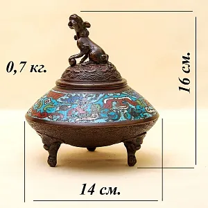 Редкость! Антикварная Шкатулка «Собака ФУ» в стиле «Шамплеве», Металл, Эмаль, Япония 20 гг.