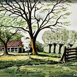 Фарфоровый Пласт - Картина - Панно «Сельский пейзаж. Пастбище», Royal Delft Голландия 50 гг. 