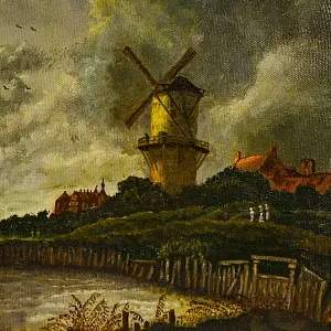 Картина - Пейзаж «Река Маас. Пейзаж с мельницей», Холст, Масло. Голландия 1984 год.