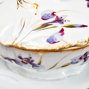 Редкость! Соусник - Судок с крышкой и ложкой "Цветы Ирисы" , Limoges Франция, середина ХХ века.