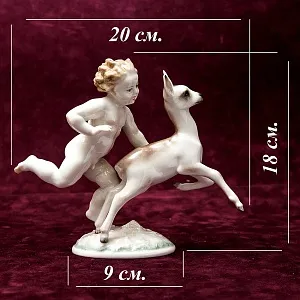 Редкая Фарфоровая Статуэтка «Путти с Олененком», Hutschenreuther,  Германия -1948 год.