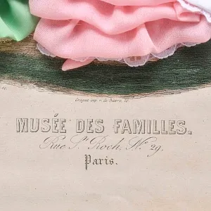 Винтажная Картина - Иллюстрация - Гравюра «Мода. Скамейка в саду», Франция.